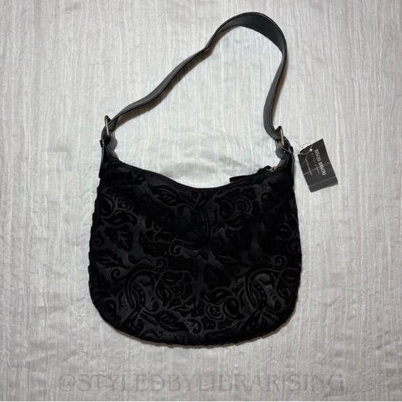 Black suede Bisou Bisou embossed design shoulder bag! - Picture 1 of 6